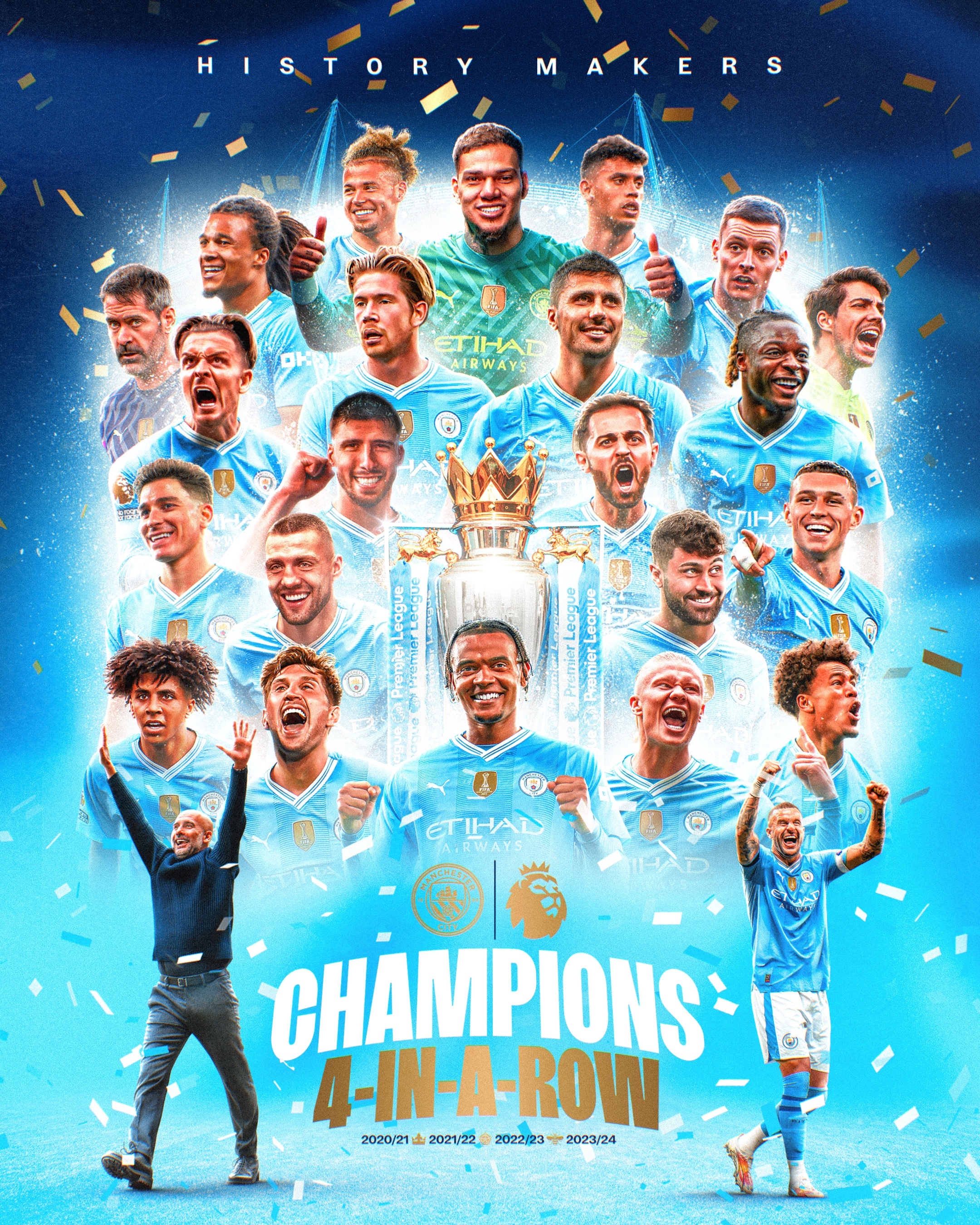曼城官方夺冠海报：四连冠！我们是英超冠军